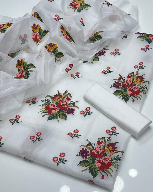 3pc Khaddi Net Cross stitch multi Embroidered Dress