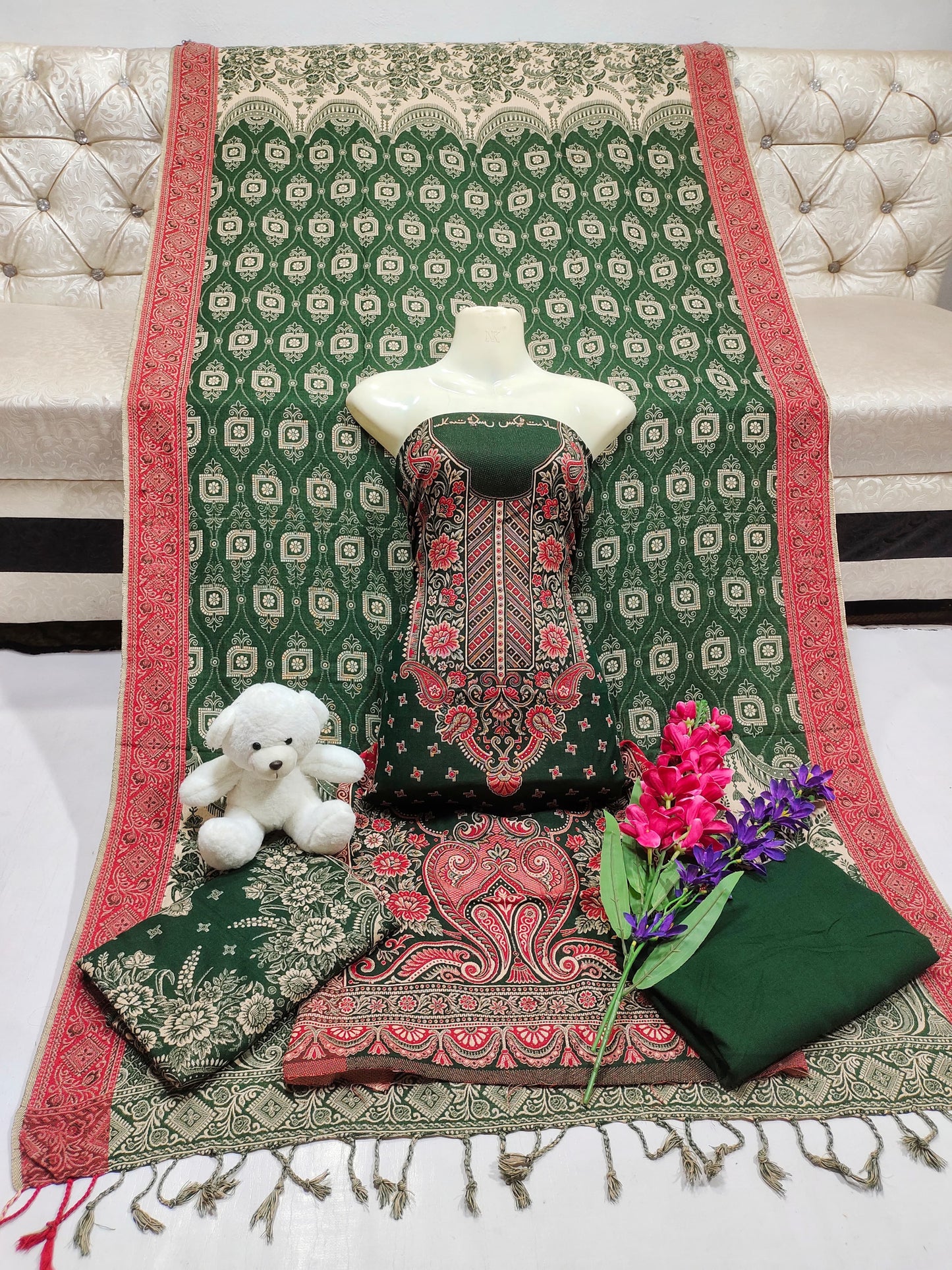 3pc Wool shawl Dress Green