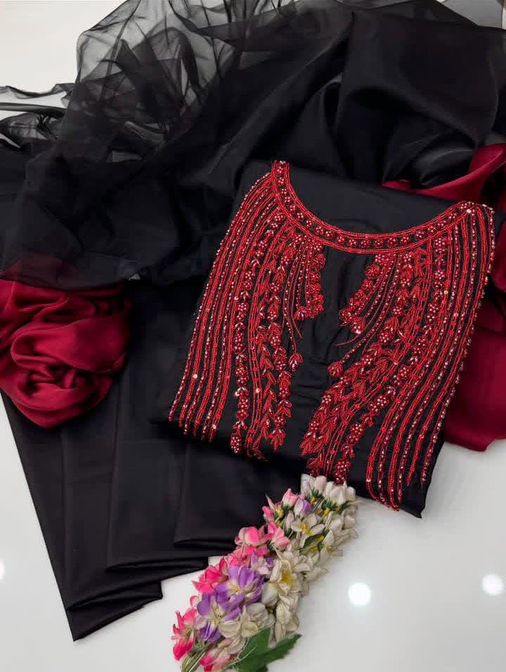 3pc Organza Resham, Beads & Cutdana Work Dress