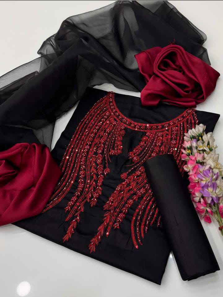 3pc Organza Resham, Beads & Cutdana Work Dress