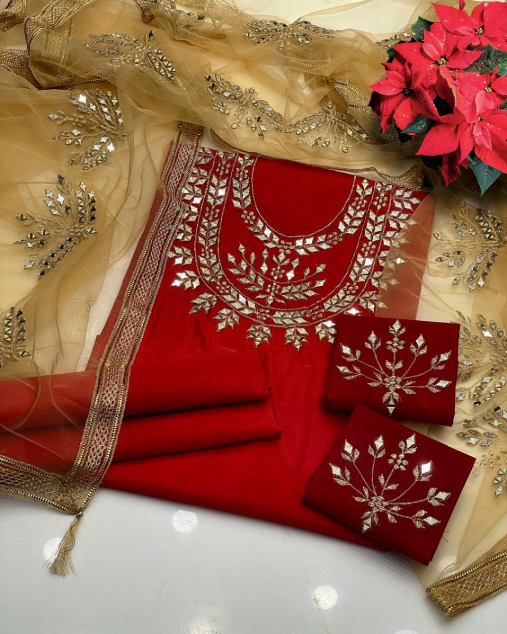 3pc Katan Silk Mirror Heavy Silver Thread Work Collection