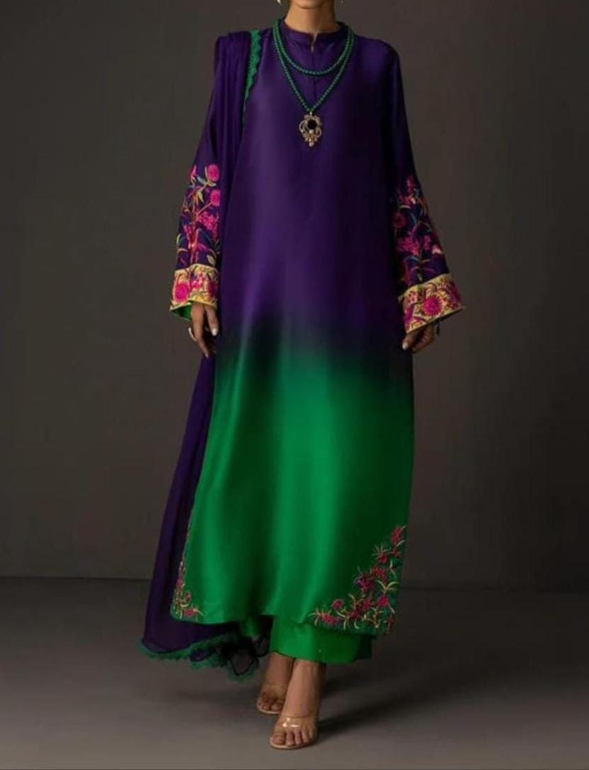 3pc Winter Shamoze Silk Dress Purple/Green