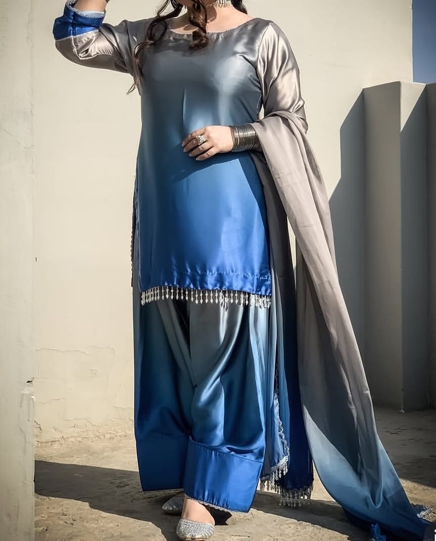 3pc Winter Shamoze Silk Dress Blue/Grey