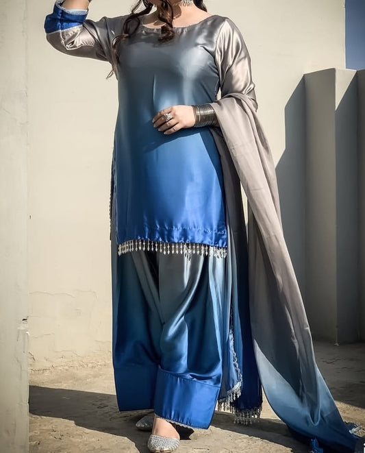 3pc Winter Shamoze Silk Dress Blue/Grey