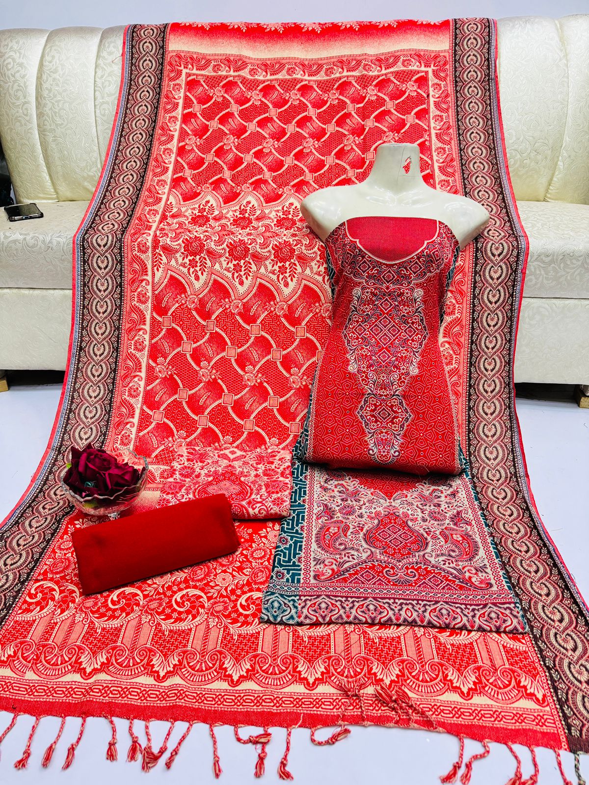 3pc Wool shawl Dress Red