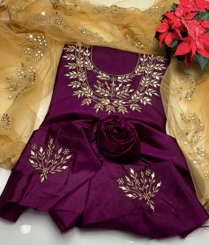 3pc Katan Silk Mirror Heavy Silver Thread Work Collection